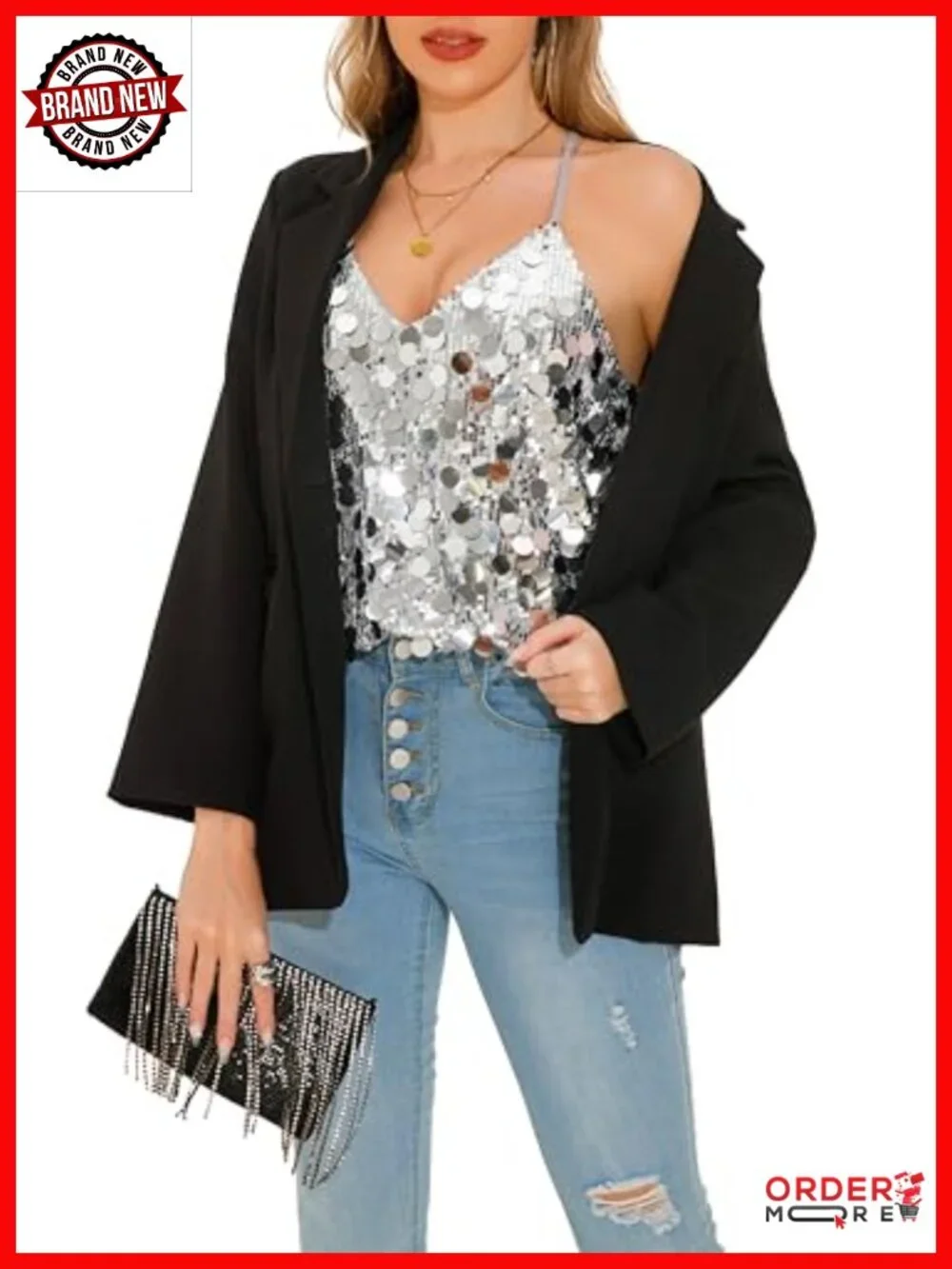 Sequin Strappy Tank Top Scallop Hem Night Out Party Top